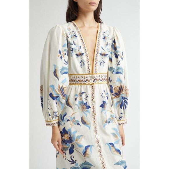 FARM Rio Women's White Blue Mystic Lotus Print Linen Blend Maxi Dress Small NWOT - Picture 5 of 16